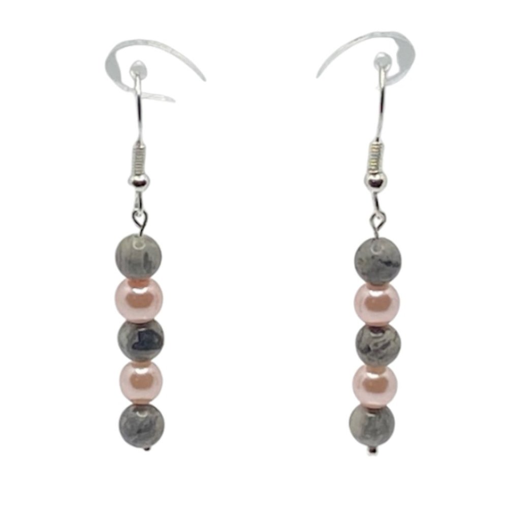 Pink Pearls with Gray Marble Drop Earrings